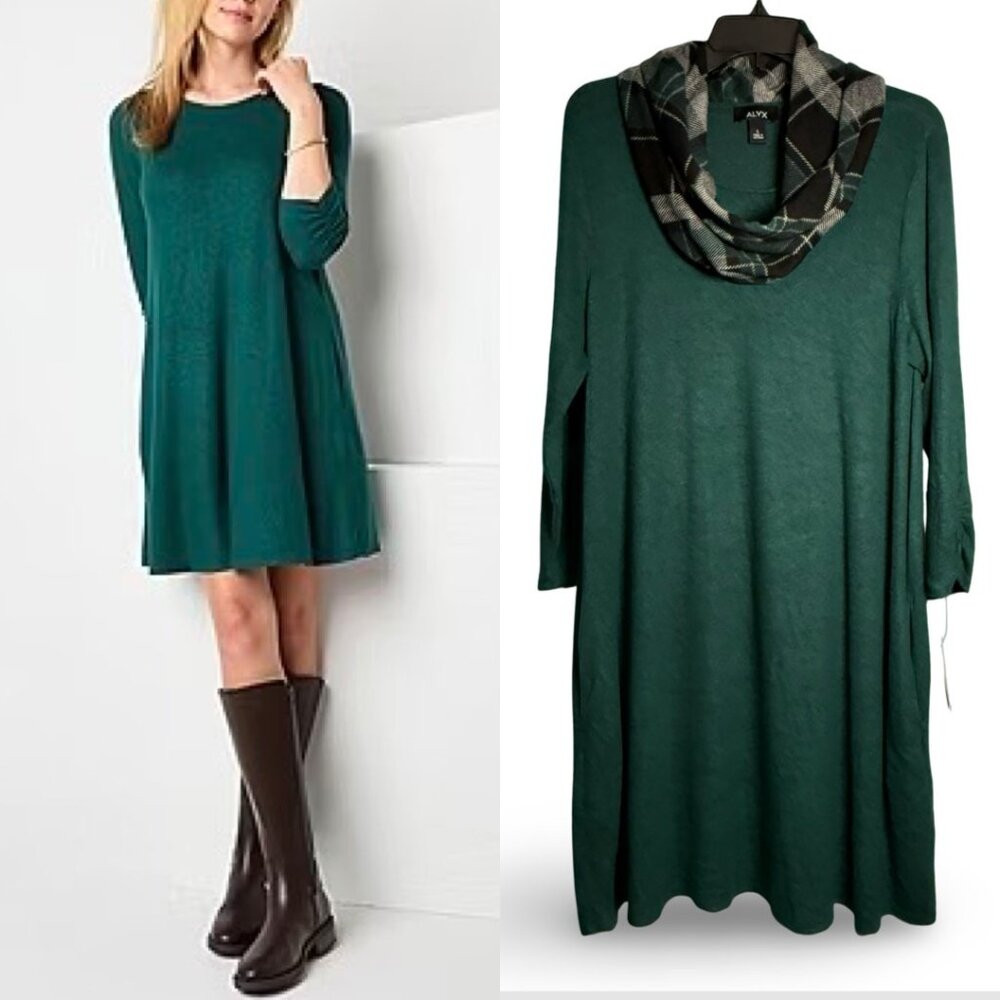 Alyx Knit Shift Dress Womens L Forest Green 3/4 Sleeves Pockets Removable‎ Scarf